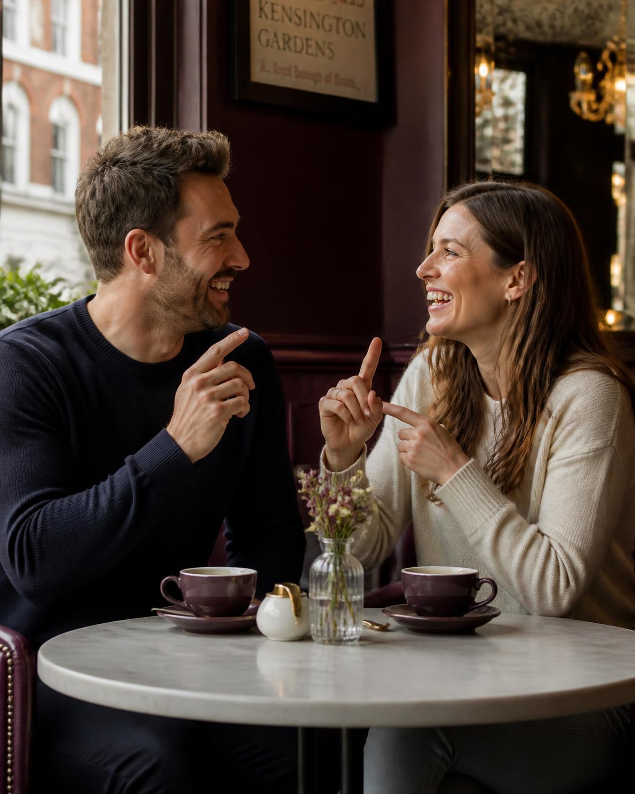 A deaf couple signing to each other and laughing over coffee in a London cafe